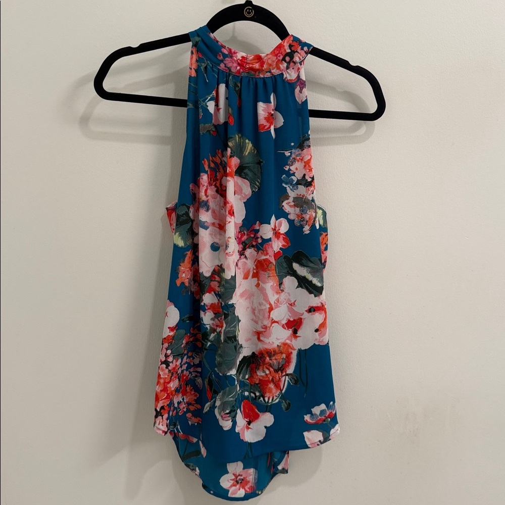 NY&Co Women's 7th Avenue Tie-Neck Halter Bow Blouse Floral Blue Sz S